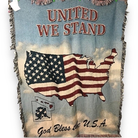 NWT Vintage Manual Woodworkers Weavers United We Stand God Bless The USA Blanket - Picture 1 of 12